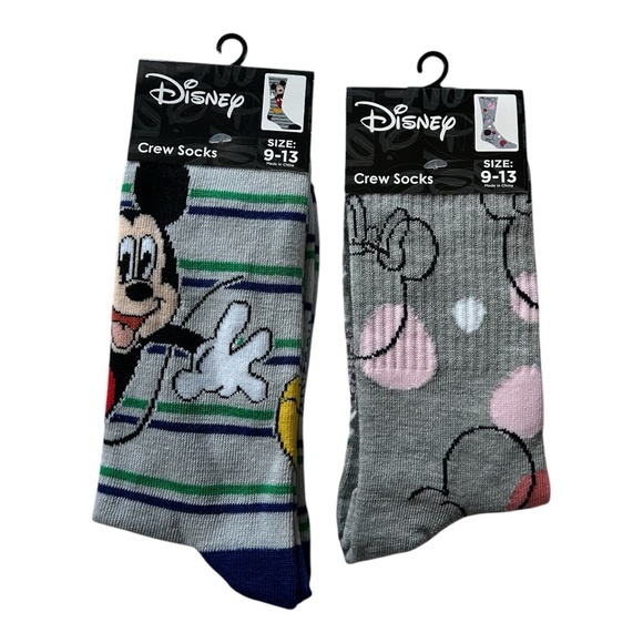 New 2 Disney Crew Socks Blue, pink, Grey Mickey and Minnie Mouse Design, 9-13 - Picture 1 of 8